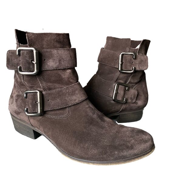 Paul Green Women size 5.5 Denver Suede Belted Biker Moto Boot Brown Ankle Bootie - Picture 1 of 10